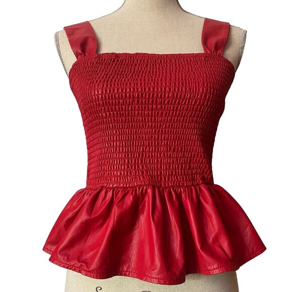 Pants Store Smocked Peplum Polyurethane Top Red Size L - Picture 1 of 5